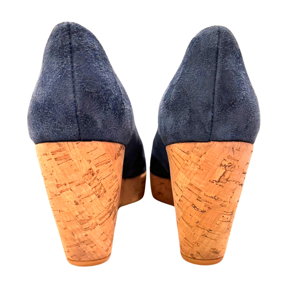 Stuart Weitzman Navy Suede Cork Peep-Toe Wedges - Picture 7 of 8